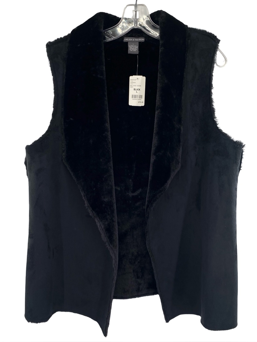 Chelsea & Theodore Black Faux Suede Vest Size Large New Open Front